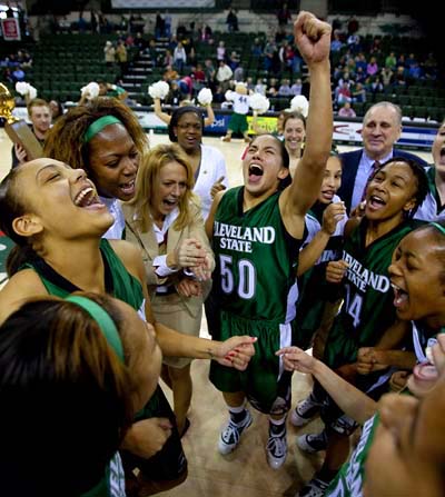 Cleveland State celebrates winning the Horizon League Women's Basketball Championship.