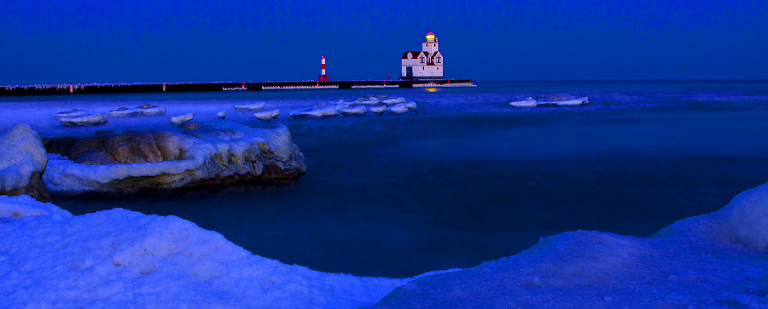 Kewaunee, Wisconsin Lighthouse at just after a winter sunset.