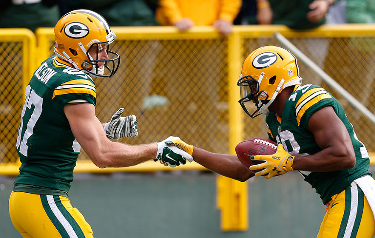 Green Bay Packers wide receiver Jordy Nelson celebrates his touchdown with wide receiver Randall Cobb.