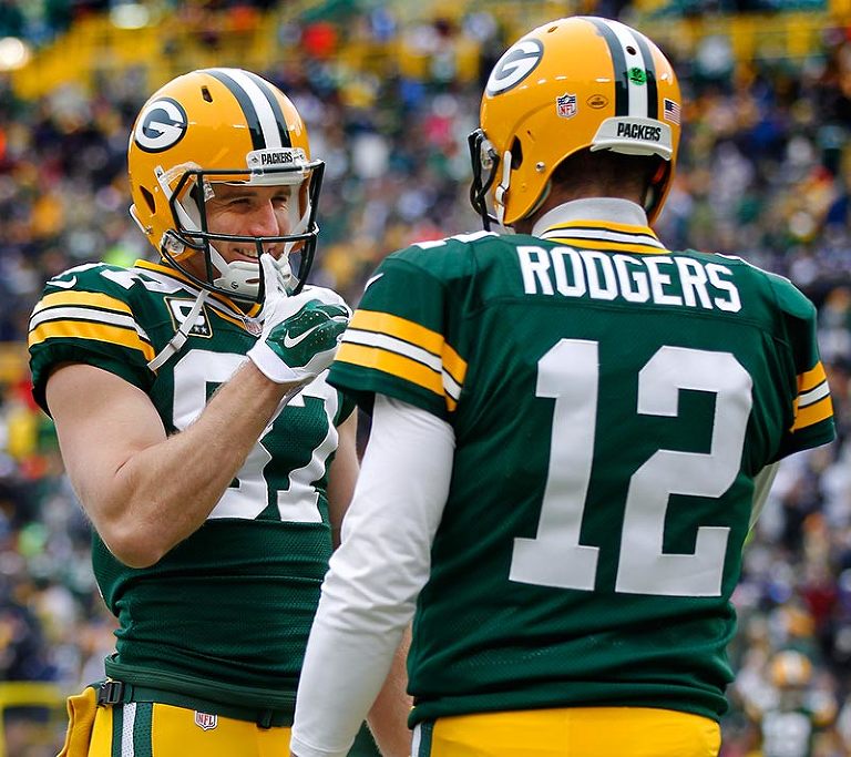 Green Bay Packers' Jordy Nelson and Aaron Rodgers share a moment before the game.