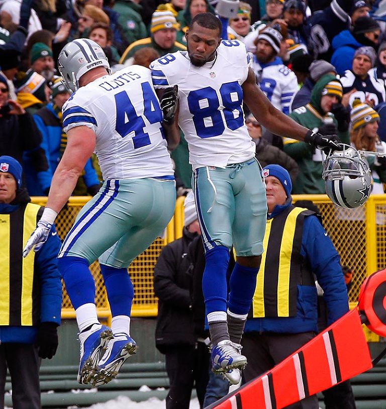 Dallas Cowboys fullback Tyler Clutts celebrates his touchdown with Dallas Cowboys wide receiver Dez Bryant.