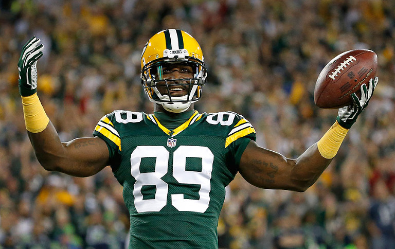 Green Bay Packers wide receiver James Jones celebrates his first quarter touchdown.