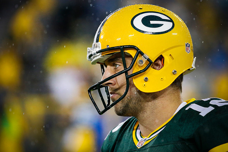 Green Bay Packers quarterback Aaron Rodgers gets his game face on.