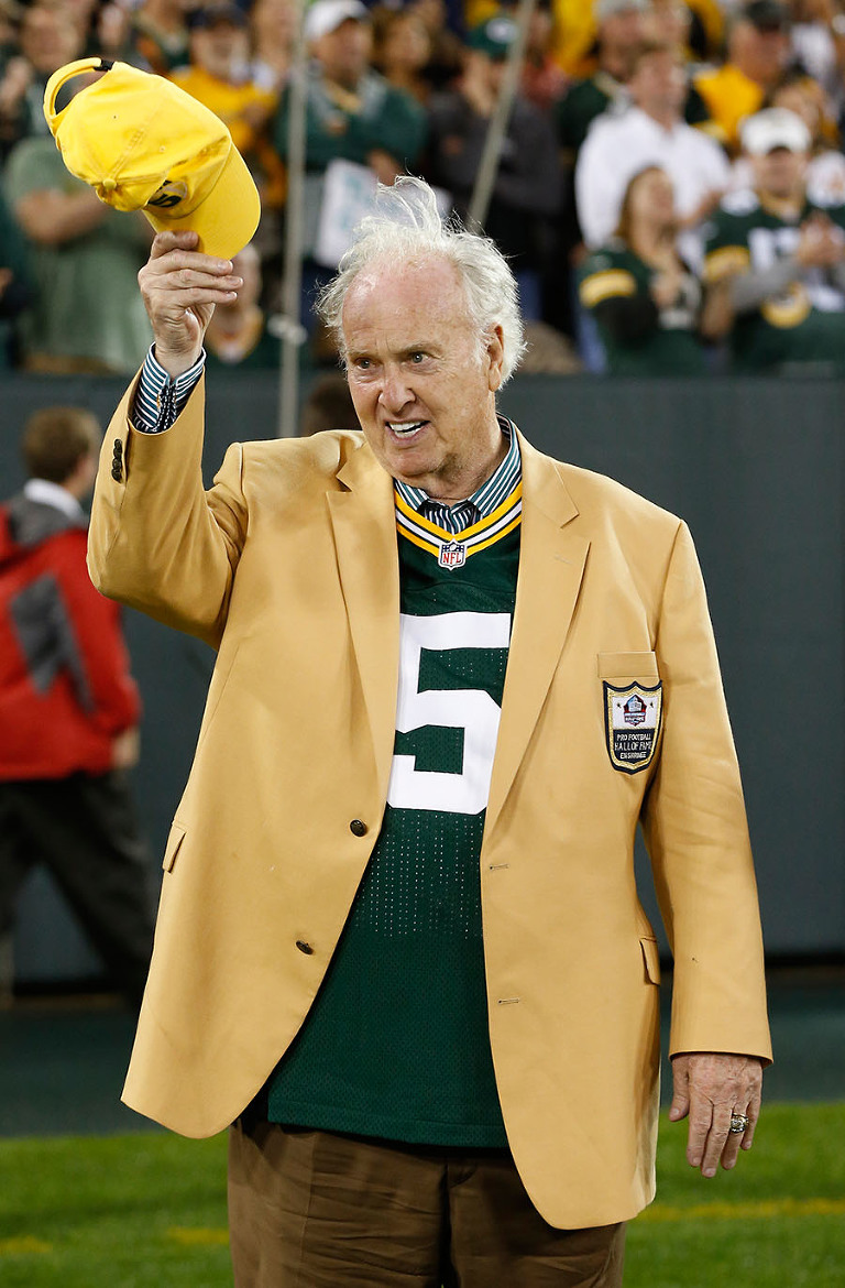 Wearing his NFL Hall Of Fame jacket Green Bay Packers "Golden Boy" Paul Hornung tips his hat after being introduced at halftime as a member of the packers team that won the first Super Bowl, More than 35 years after his retirement, he remains the NFL single-season record holder for points scored (176).