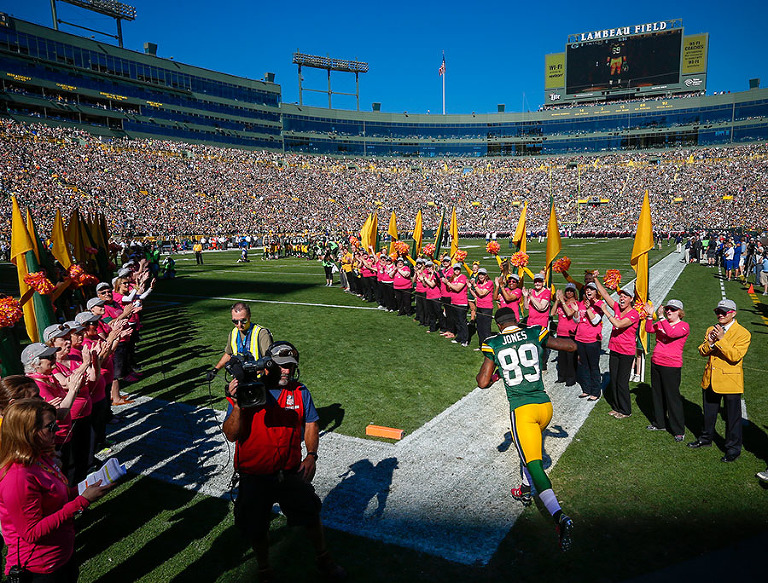 Green Bay Packers wide receiver James Jones takes the field during player introductions.