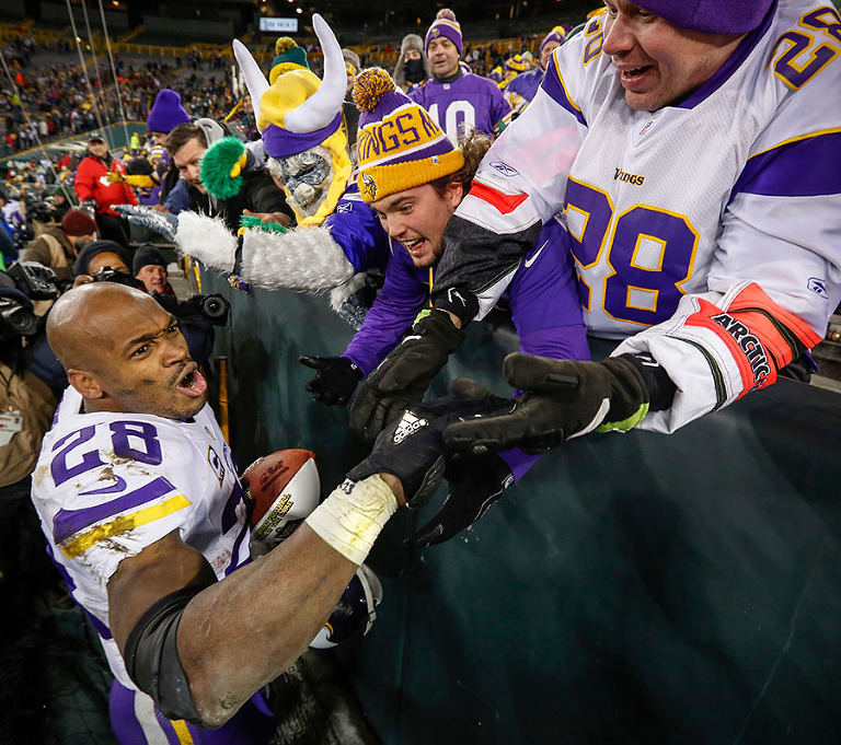 Minnesota Vikings running back Adrian Peterson celebrates with fans as he walks off the field after the Viking defeated the Packers 20-13.