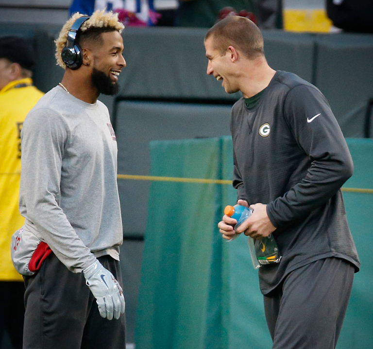 New York Giants wide receiver Odell Beckham and Green Bay Packers wide receiver Jordy Nelson share a laugh before the game.