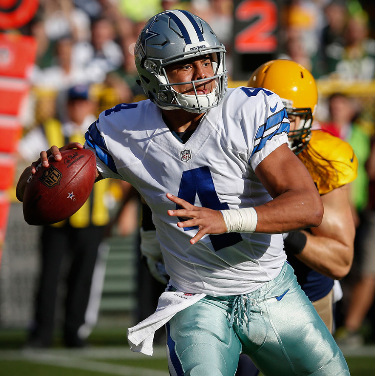 Dallas Cowboys quarterback Dak Prescott looks for a receiver.