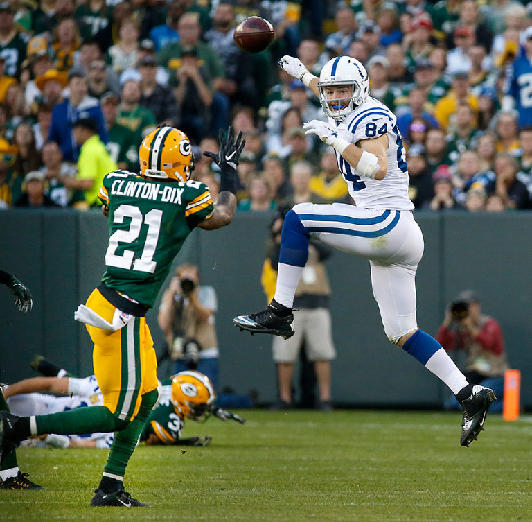 Green Bay Packers free safety Ha Ha Clinton-Dix intercepts a pass intended for Indianapolis Colts tight end Jack Doyle.