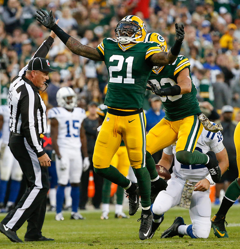Green Bay Packers free safety Ha Ha Clinton-Dix celebrates sacking Indianapolis Colts quarterback Andrew Luck.