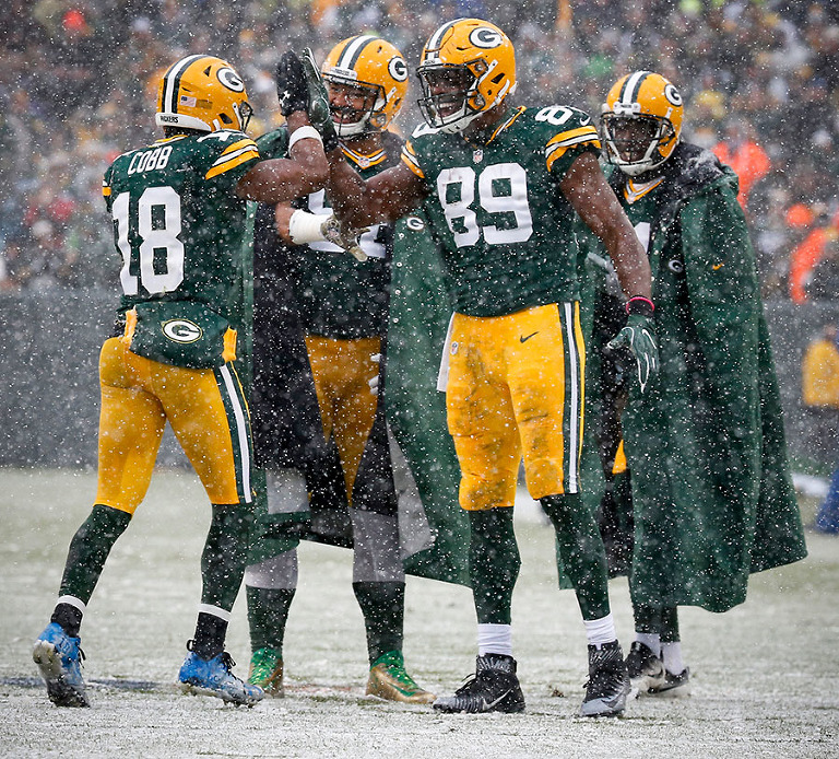 Green Bay Packers wide receiver Randall Cobb is congratulated by his teammates after scoring a touchdown.