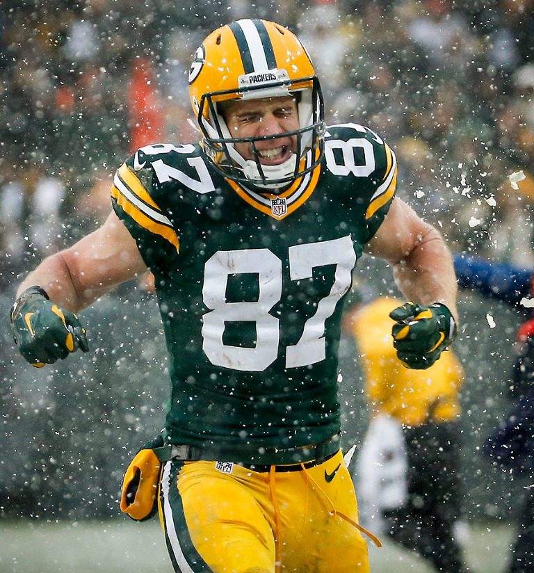 Green Bay Packers wide receiver Jordy Nelson celebrates a long gain to help seal the game.