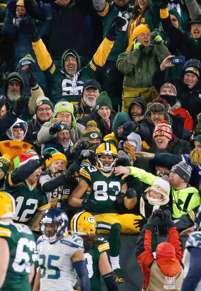 Green Bay Packers wide receiver Jeff Janis does a Lambeau Leap to celebrate a touchdown.